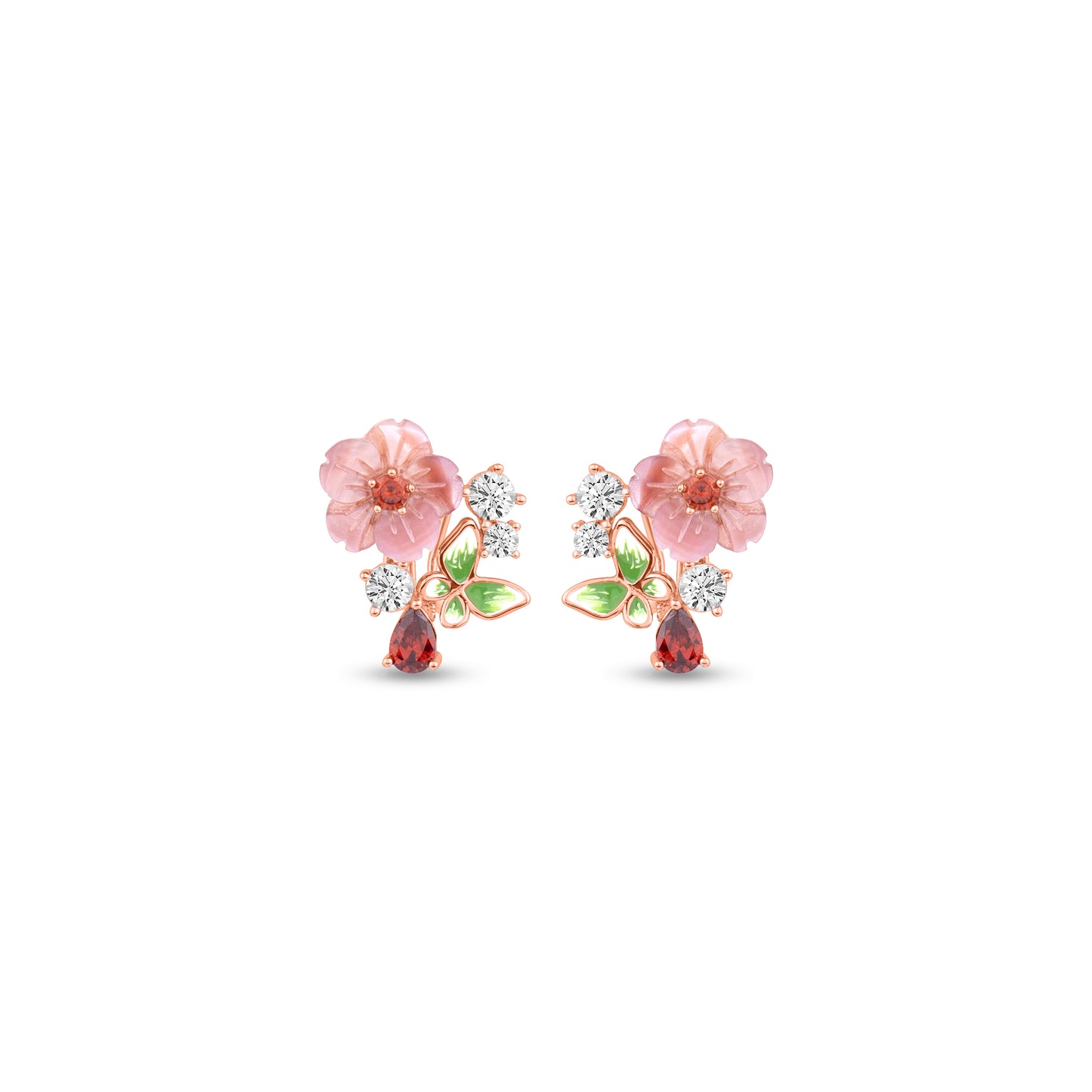 Sterling Silver White Flower and Green Stone Earrings