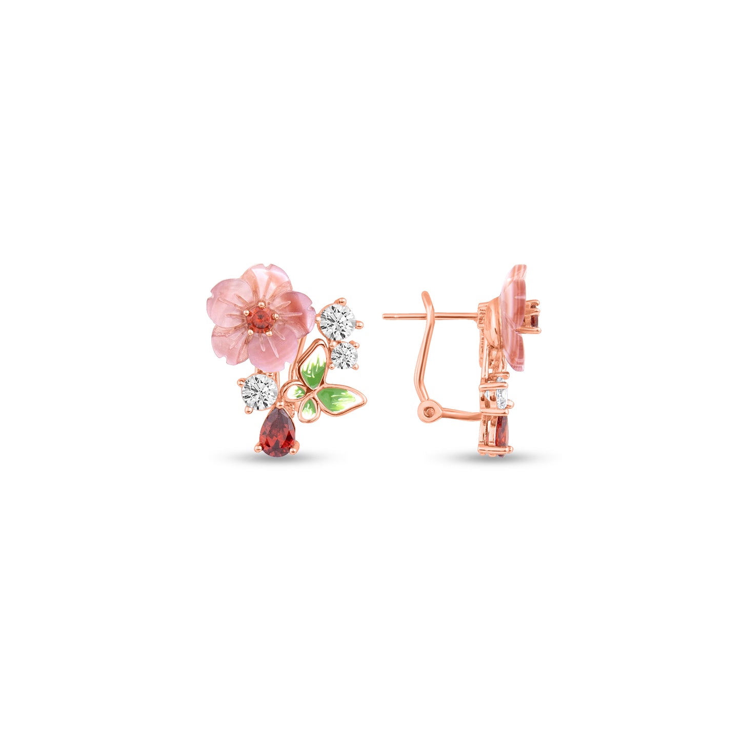 Sterling Silver White Flower and Green Stone Earrings