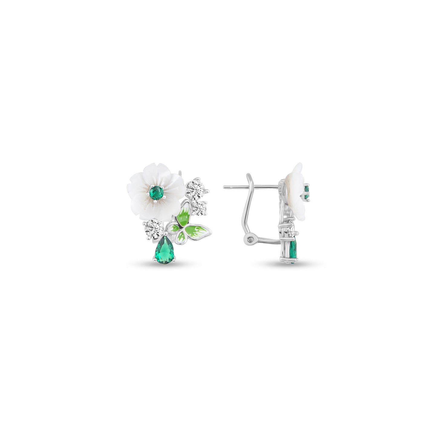 Sterling Silver White Flower and Green Stone Earrings