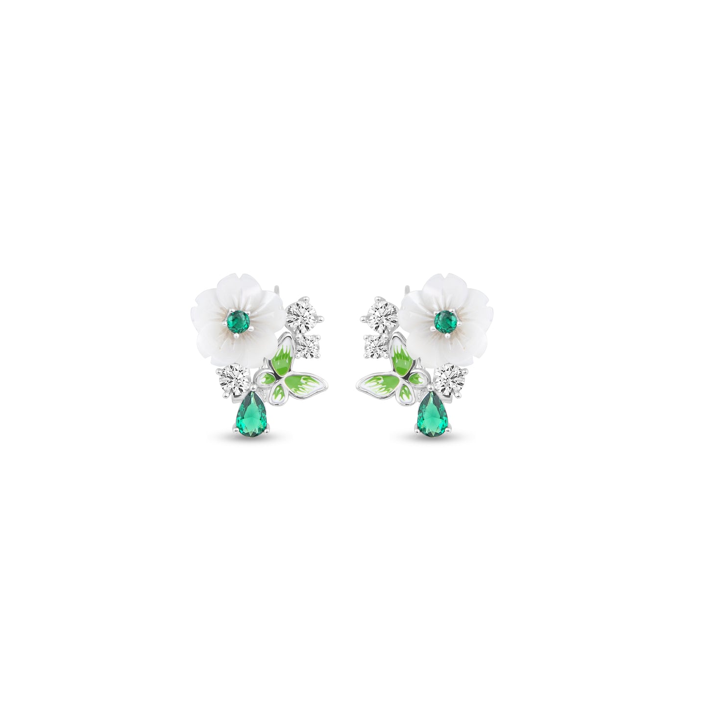 Sterling Silver White Flower and Green Stone Earrings