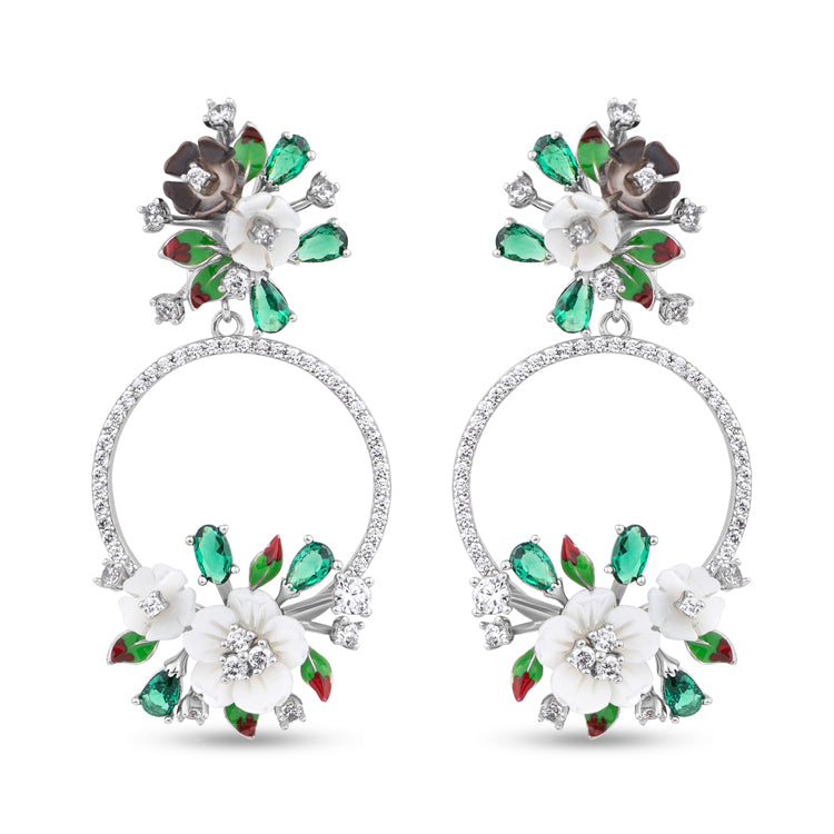White Flower and Green Stone Earrings