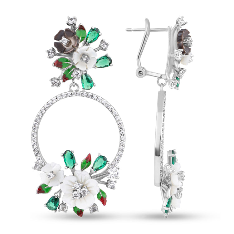 White Flower and Green Stone Earrings