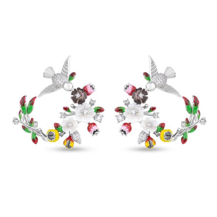 Hummingbird Earrings with Flowers and Diamonds