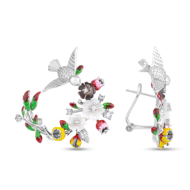 Hummingbird Earrings with Flowers and Diamonds
