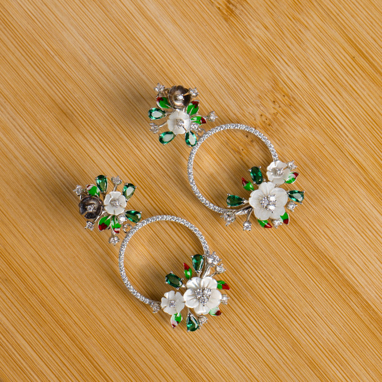 White Flower and Green Stone Earrings