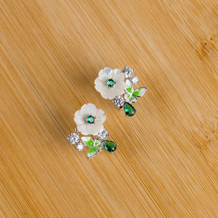 Sterling Silver White Flower and Green Stone Earrings