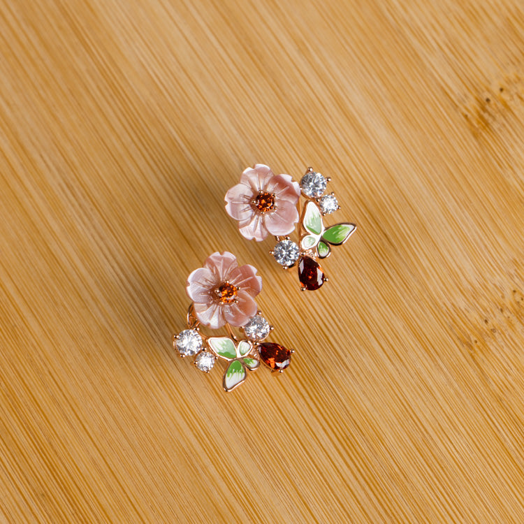 Sterling Silver White Flower and Green Stone Earrings