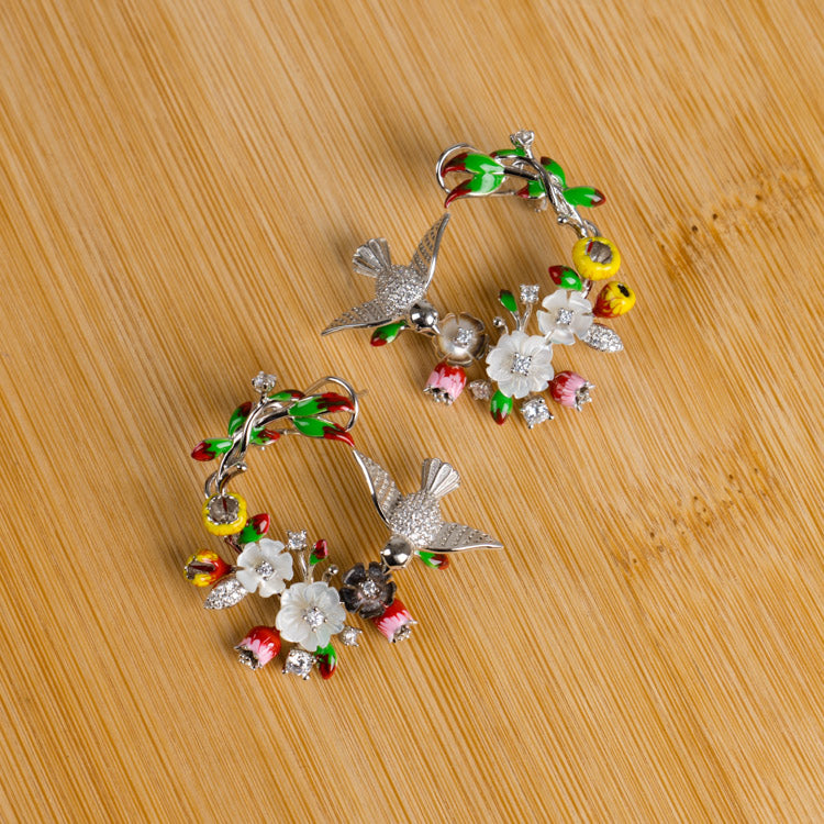 Hummingbird Earrings with Flowers and Diamonds