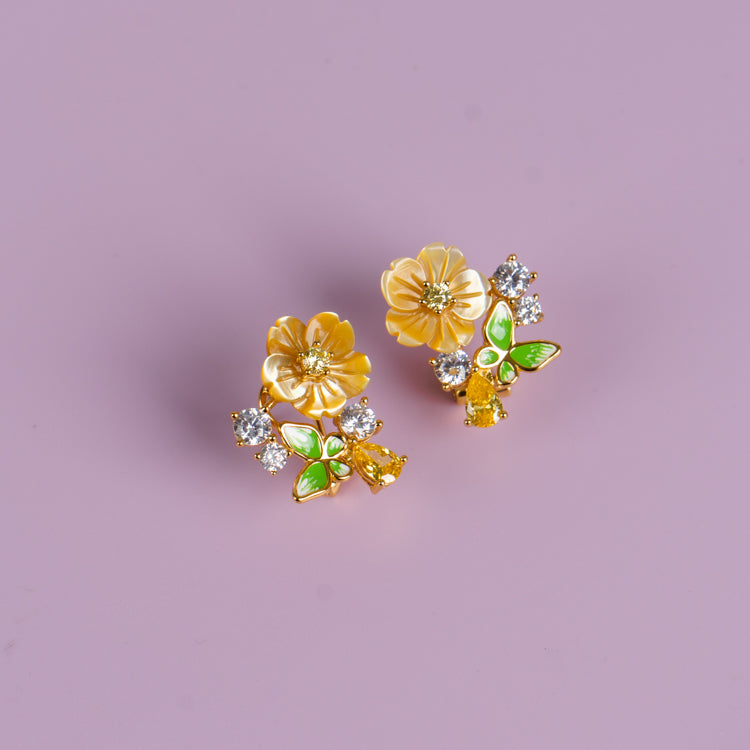 Sterling Silver White Flower and Green Stone Earrings