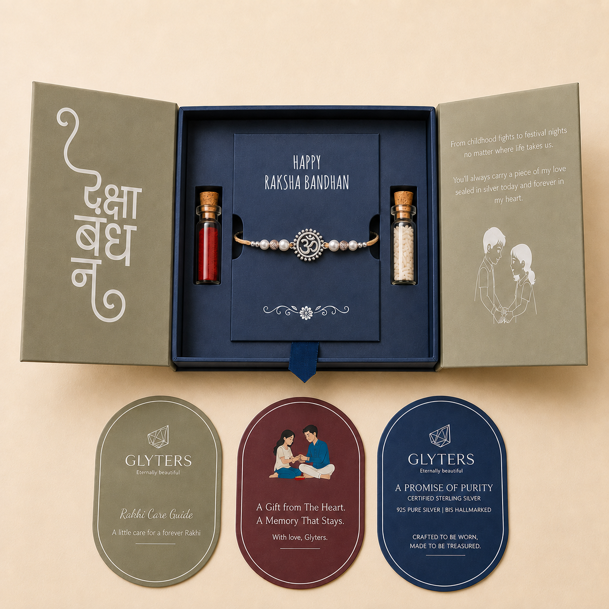 Om Shakti Silver Rakhi in premium Raksha Bandhan gift box with roli, chawal and care cards