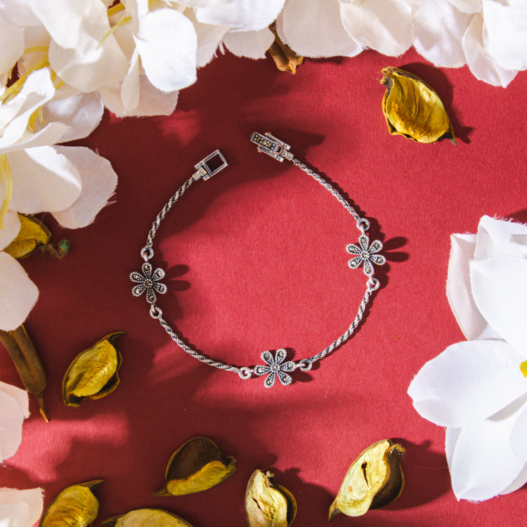 Three Flower Sterling Silver Bracelet