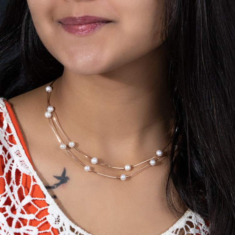 Pearl Station Layered Silver Necklace