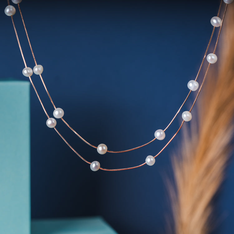 Pearl Station Layered Silver Necklace