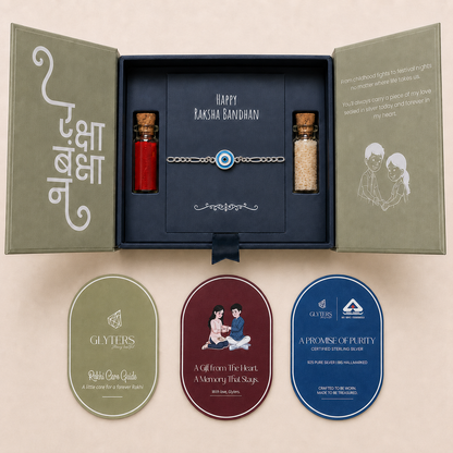 Azure Evil Eye 925 Sterling Silver Bracelet Rakhi in premium Raksha Bandhan gift box with roli, chawal and care cards
