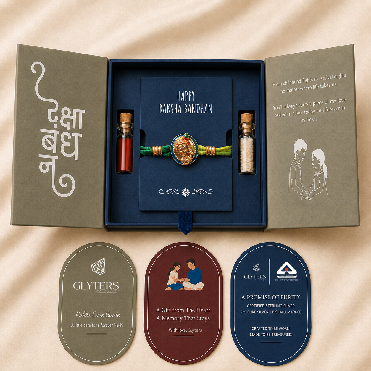 Bal Krishna Gold-Plated 925 Sterling Silver Rakhi in premium Raksha Bandhan gift box with roli, chawal and care cards