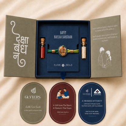 Bal Krishna Gold-Plated 925 Sterling Silver Rakhi in premium Raksha Bandhan gift box with roli, chawal and care cards