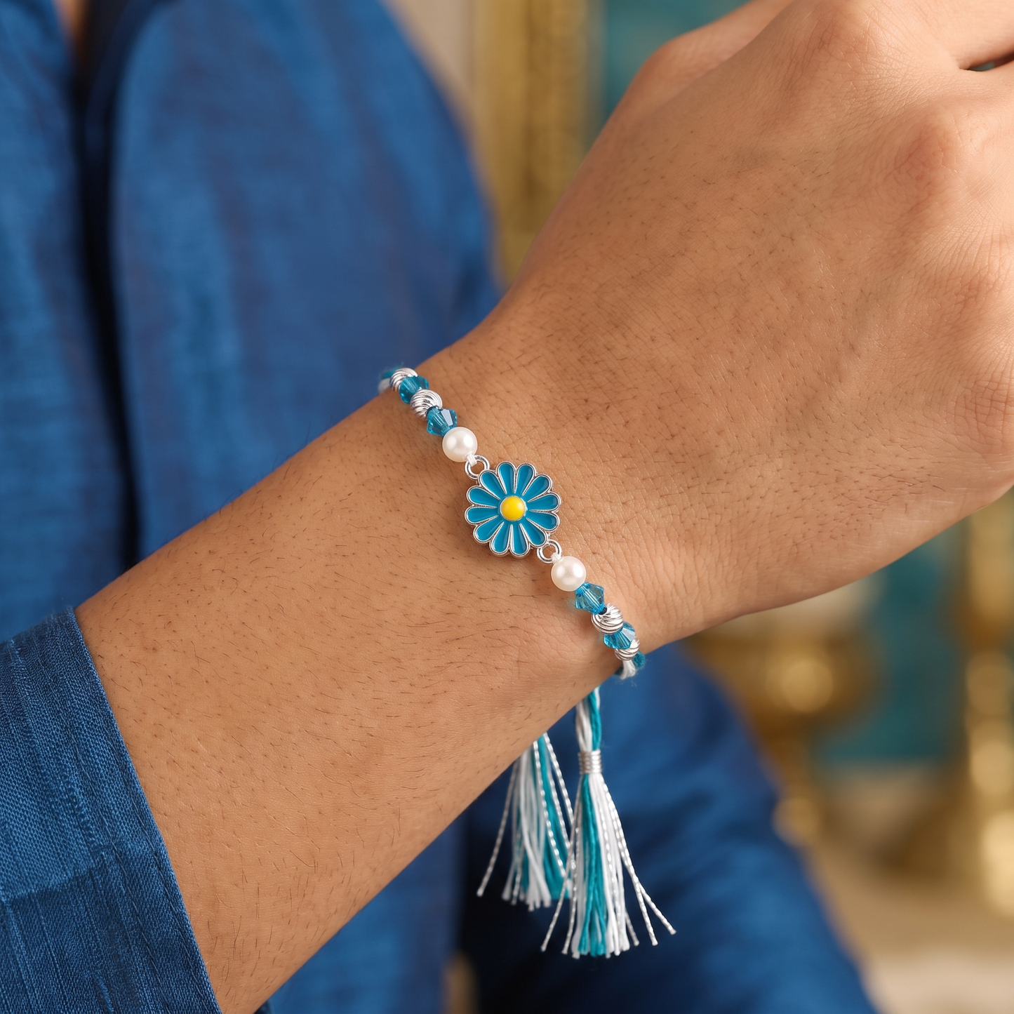 Blue Blossom Silver Rakhi