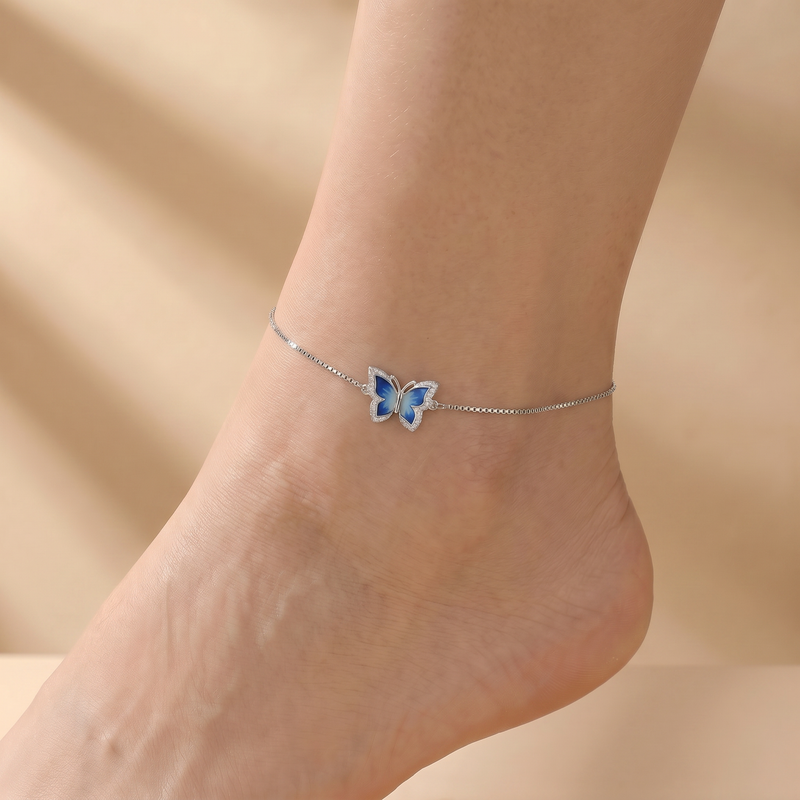 Blue Butterfly Silver Anklet