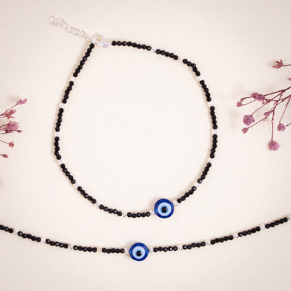 925 hallmarked sterling silver evil eye anklet with black beads and blue protective charm by Glyters