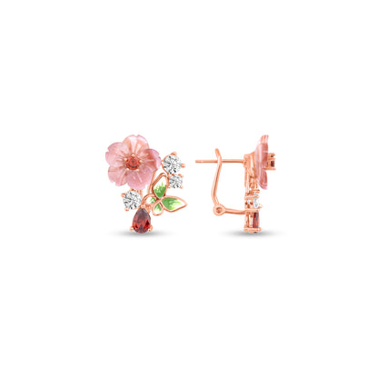 Sterling Silver White Flower and Green Stone Earrings