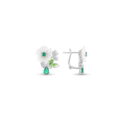 Sterling Silver White Flower and Green Stone Earrings