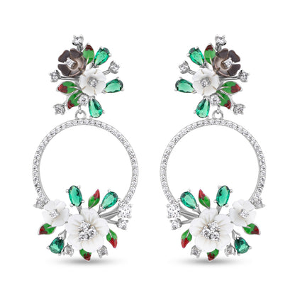 White Flower and Green Stone Earrings