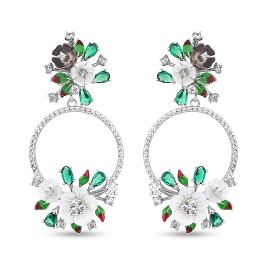 White Flower and Green Stone Earrings