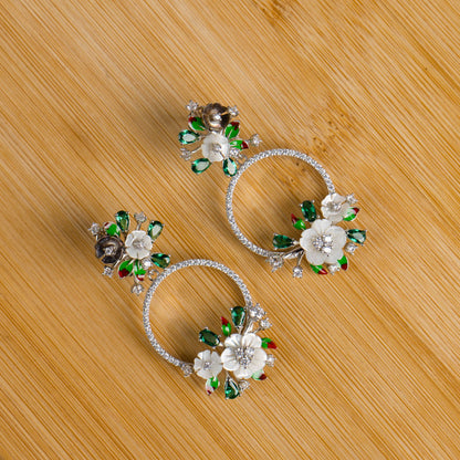 White Flower and Green Stone Earrings