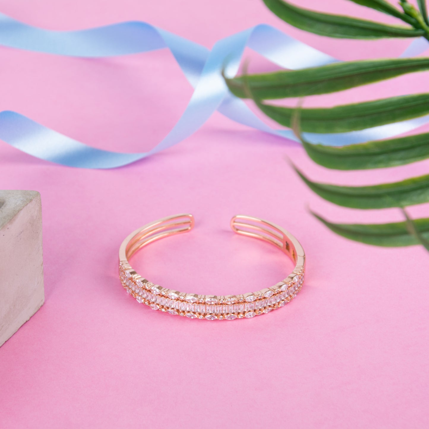 Crystal Open Cuff Rose Gold Plated Silver Bracelet