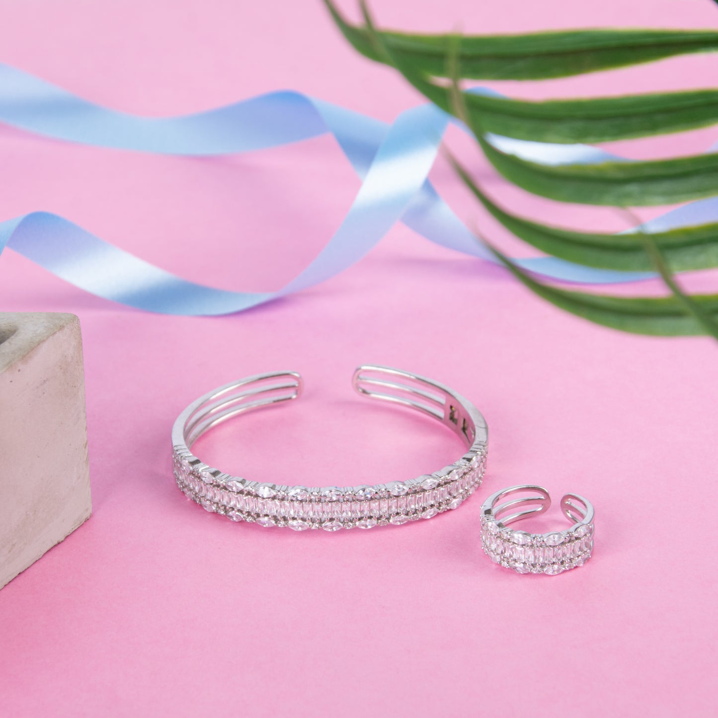 Crystal Open Cuff Silver Bracelet