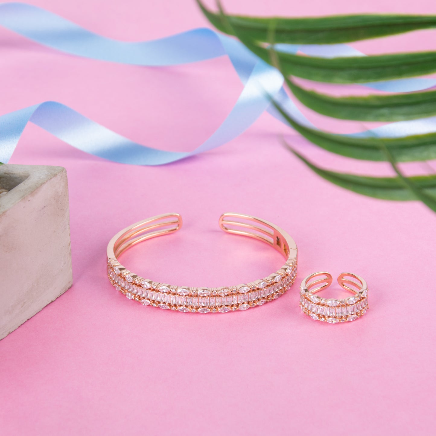 Crystal Open Cuff Rose Gold Plated Silver Bracelet