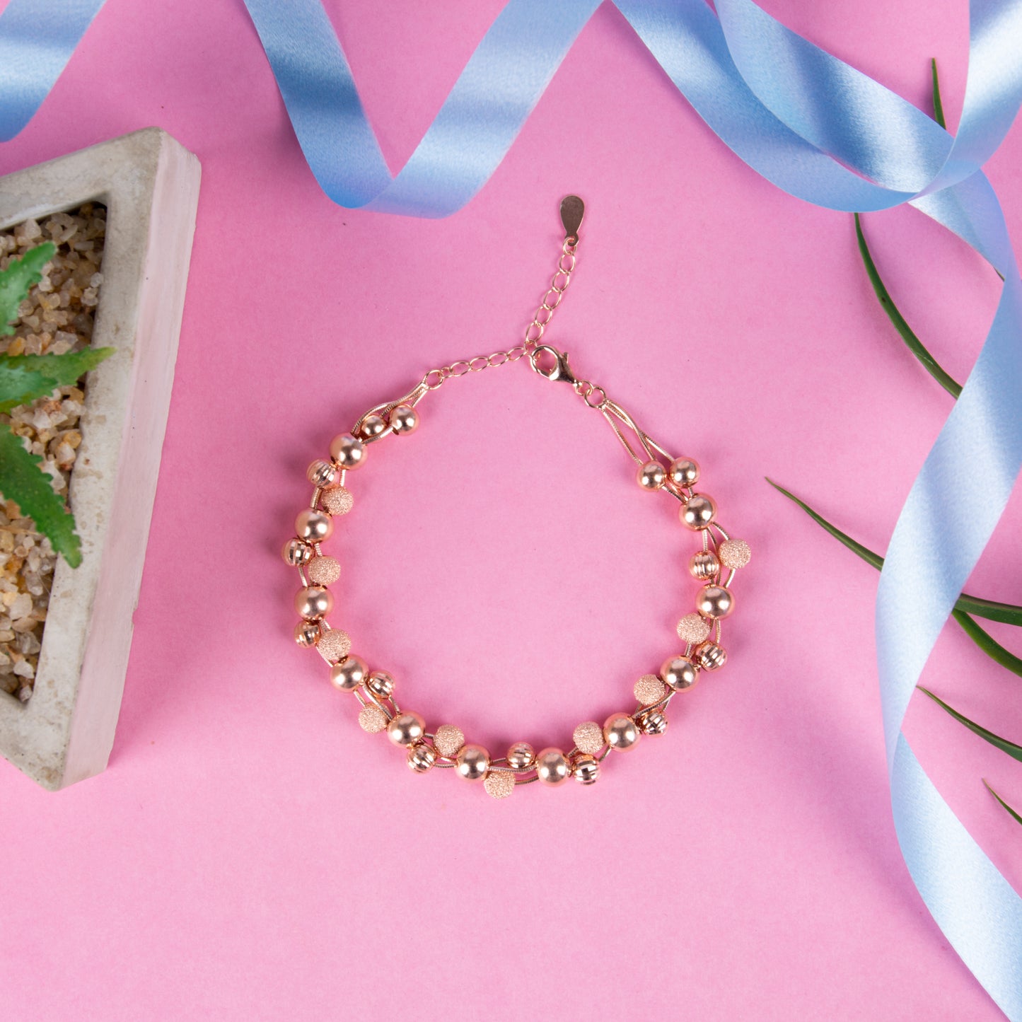 Rose Gold Beaded Charm Silver Bracelet
