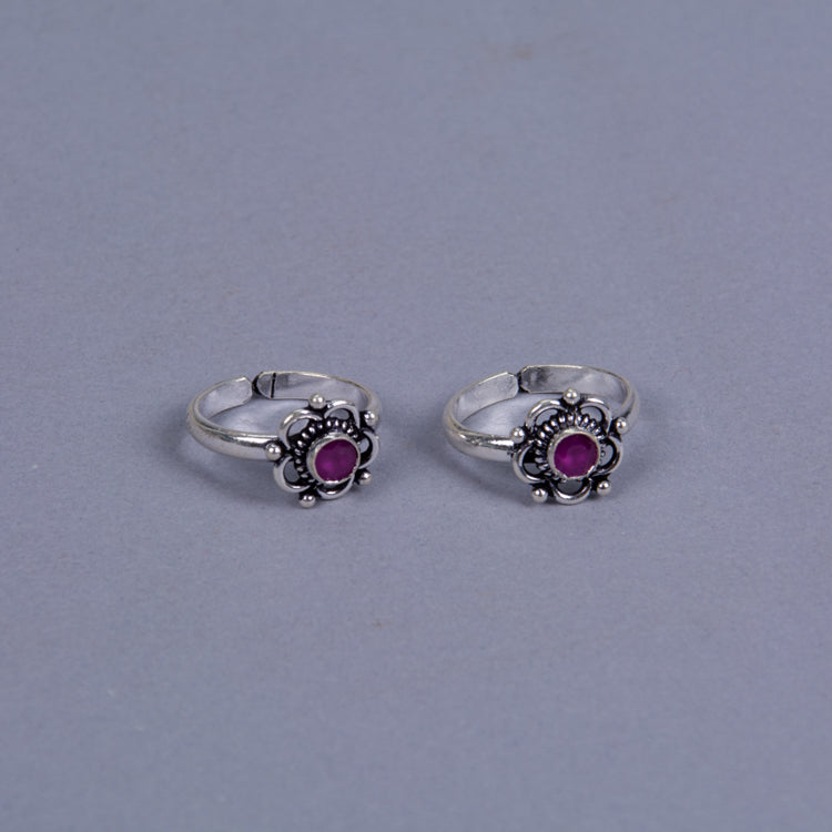 Majestic Ruby Blossom Silver Toe Rings