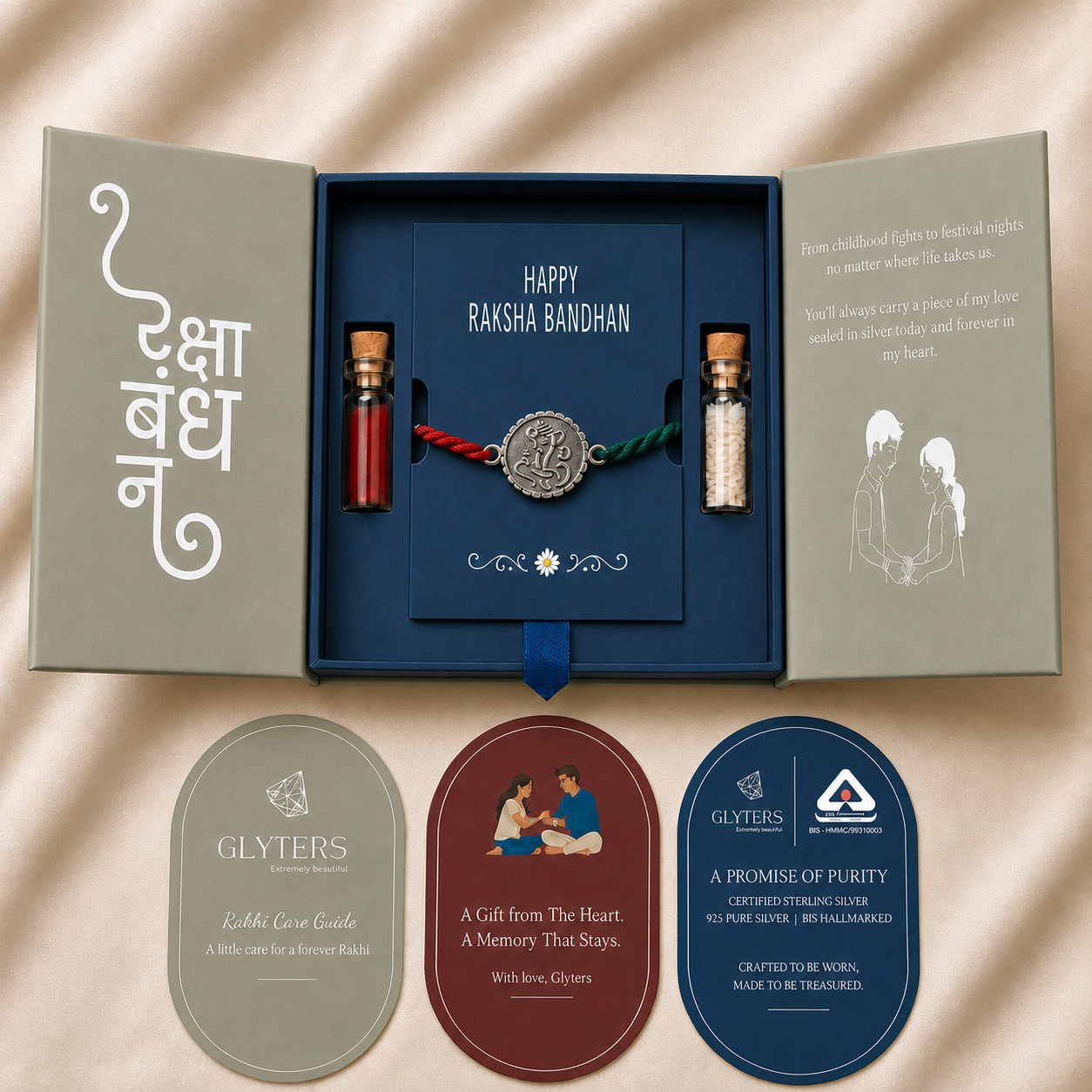 Divine Ganesha Texture Silver Rakhi in premium Raksha Bandhan gift box with roli, chawal and care cards