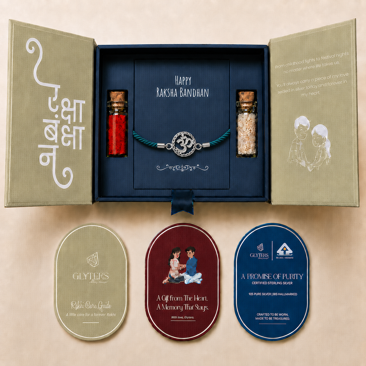 Divine Om Chakra 925 Sterling Silver Rakhi Bracelet in premium Raksha Bandhan gift box with roli, chawal and care cards