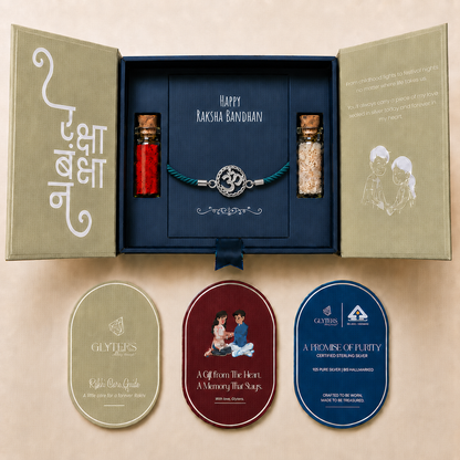 Divine Om Chakra 925 Sterling Silver Rakhi Bracelet in premium Raksha Bandhan gift box with roli, chawal and care cards