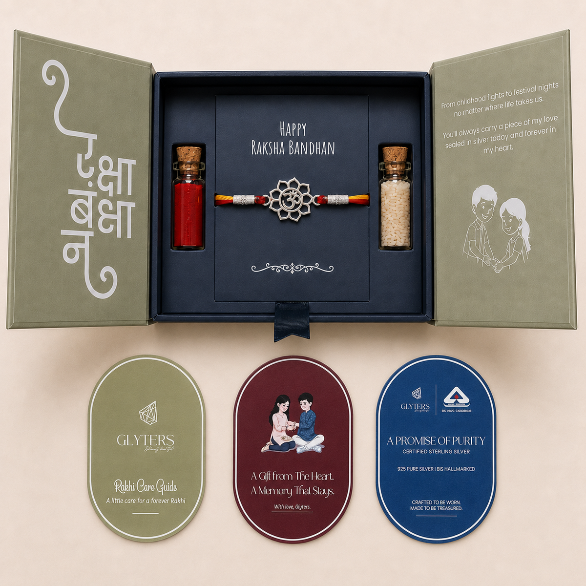 Divine Om Lotus 925 sterling silver rakhi in premium Raksha Bandhan gift box with roli, rice and care cards