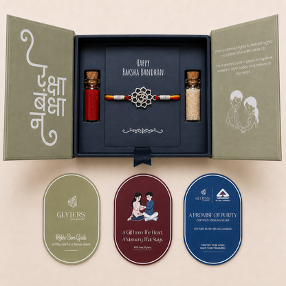 Divine Om Lotus 925 sterling silver rakhi in premium Raksha Bandhan gift box with roli, rice and care cards