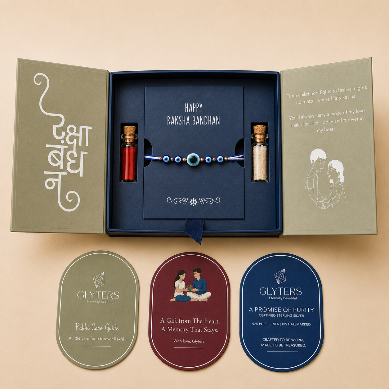 Evil Eye Shield 925 Silver Rakhi in premium Raksha Bandhan gift box with roli, chawal and care cards