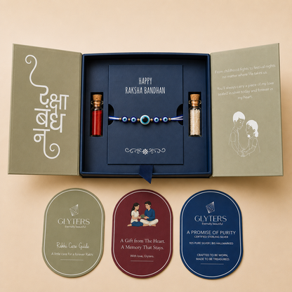 Evil Eye Shield 925 Silver Rakhi in premium Raksha Bandhan gift box with roli, chawal and care cards