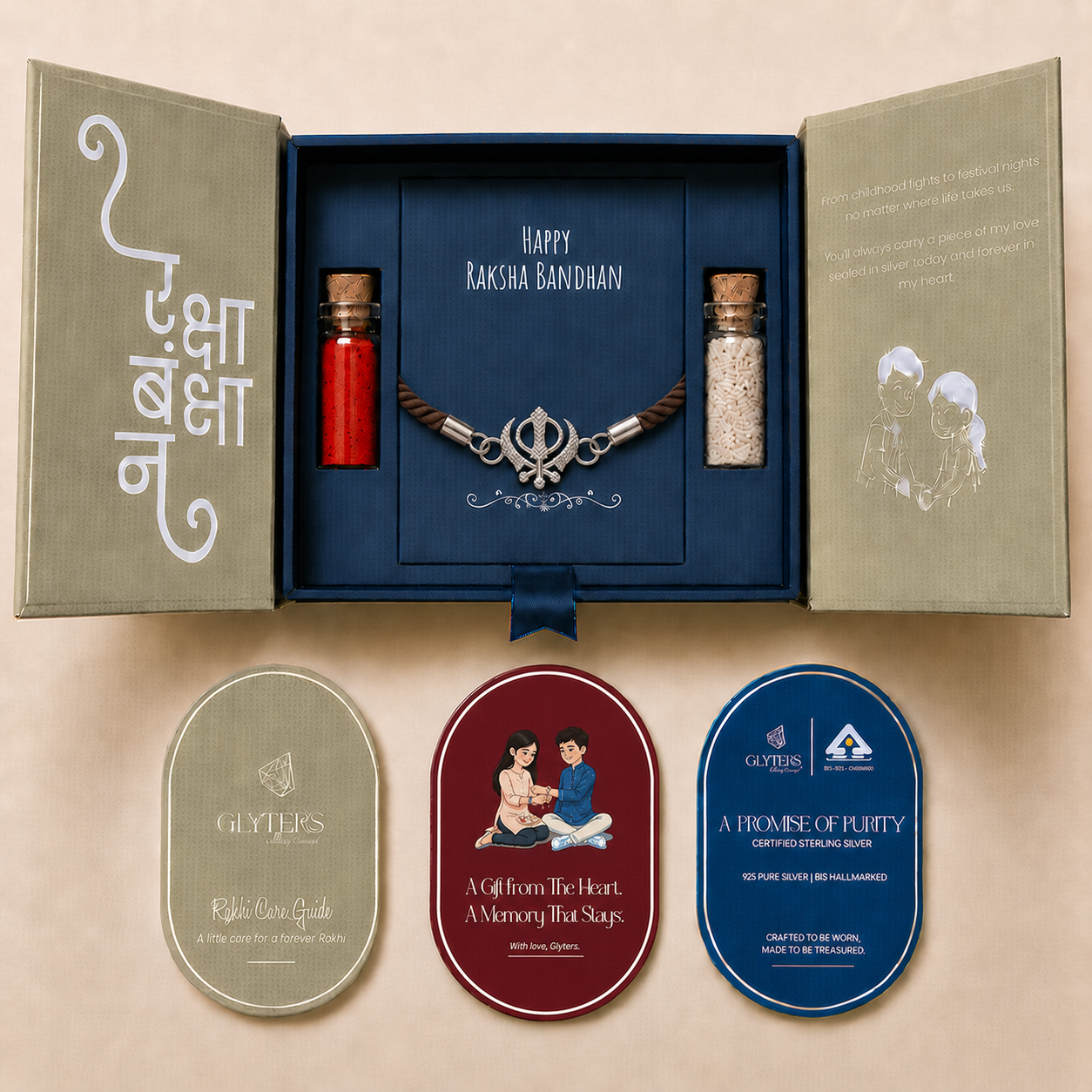 Khanda Veer 925 Sterling Silver Rakhi Bracelet in premium Raksha Bandhan gift box with roli, chawal and care cards