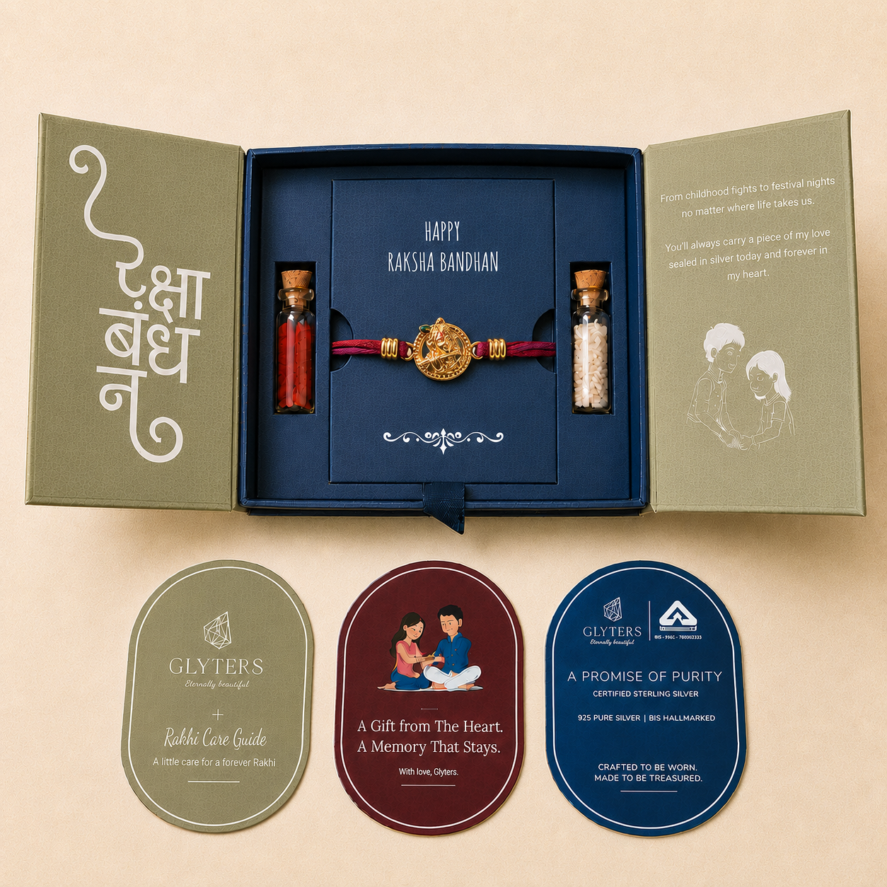 A boxed Rakhi bundle shown open on a beige background, with a red and gold thread bracelet centered in a navy insert. The open box has olive-green inner flaps with Devanagari text and a poem.