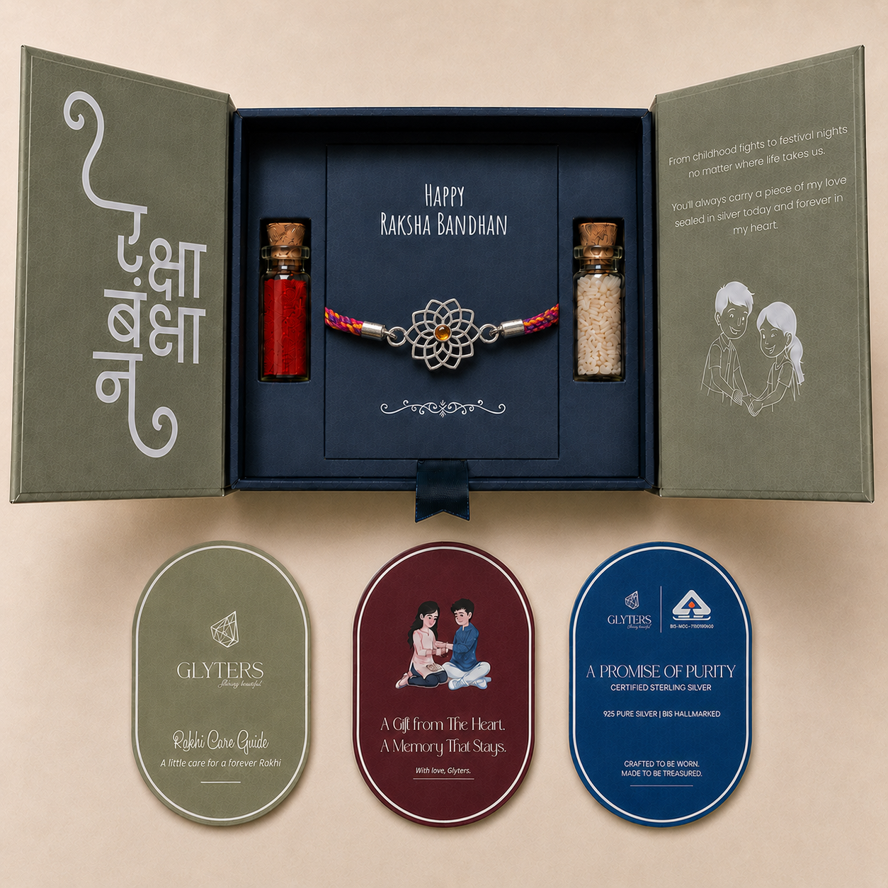Mandala Bloom Sterling Silver Rakhi Bracelet in premium Raksha Bandhan gift box with roli, chawal and care cards
