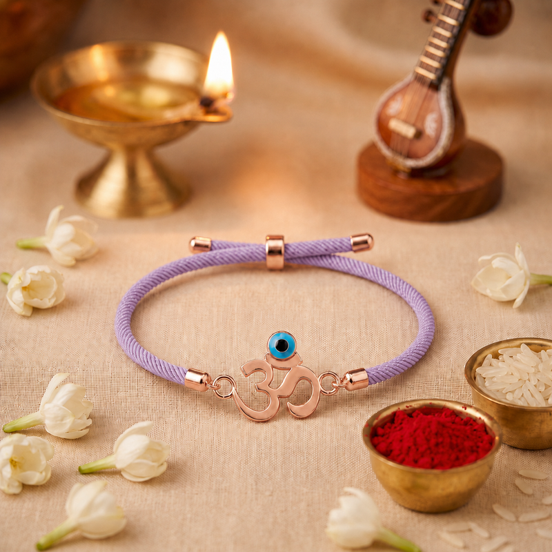 Om Nazar Suraksha Rose Gold Silver Rakhi