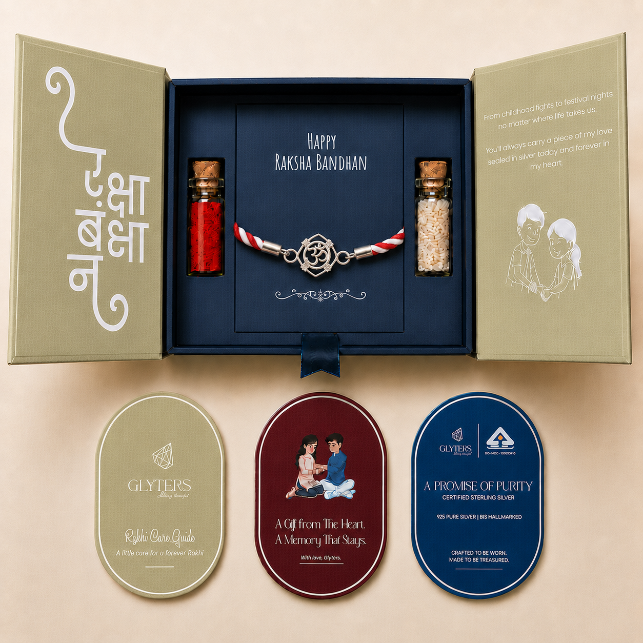 Om Raksha 925 Sterling Silver Rakhi Bracelet in premium Raksha Bandhan gift box with roli, chawal and care cards