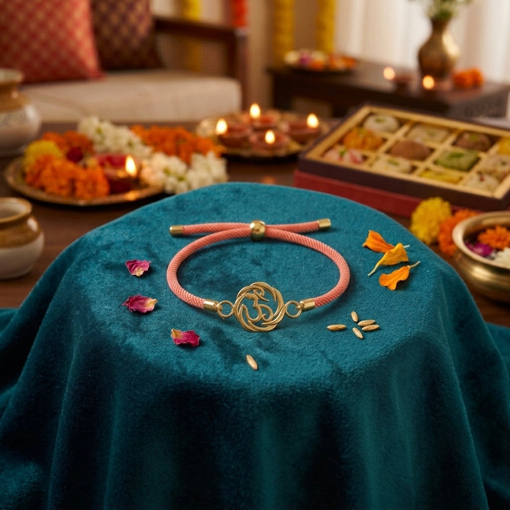 [finish:rose-gold] Om Shakti Silver Bracelet Rakhi closeup