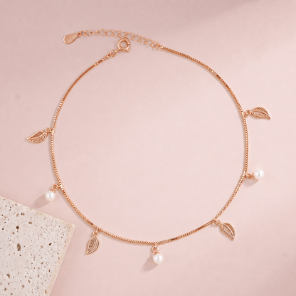 Pearl Leaf Charm Rose Gold Silver Anklet