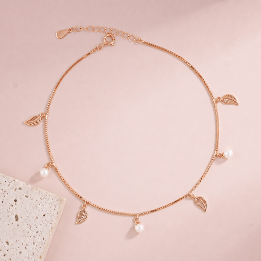 Pearl Leaf Charm Rose Gold Silver Anklet
