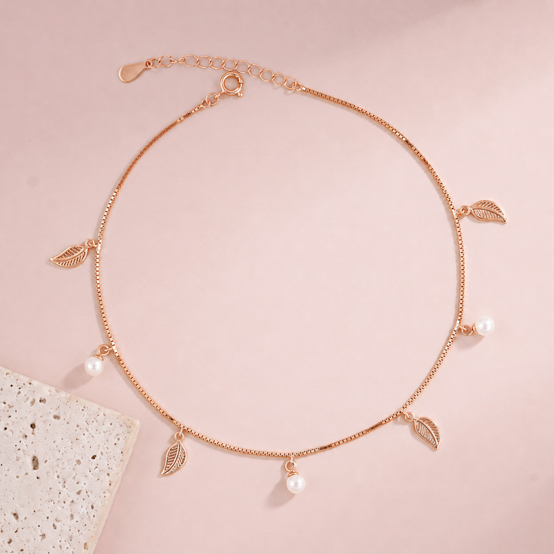 Pearl Leaf Charm Rose Gold Silver Anklet