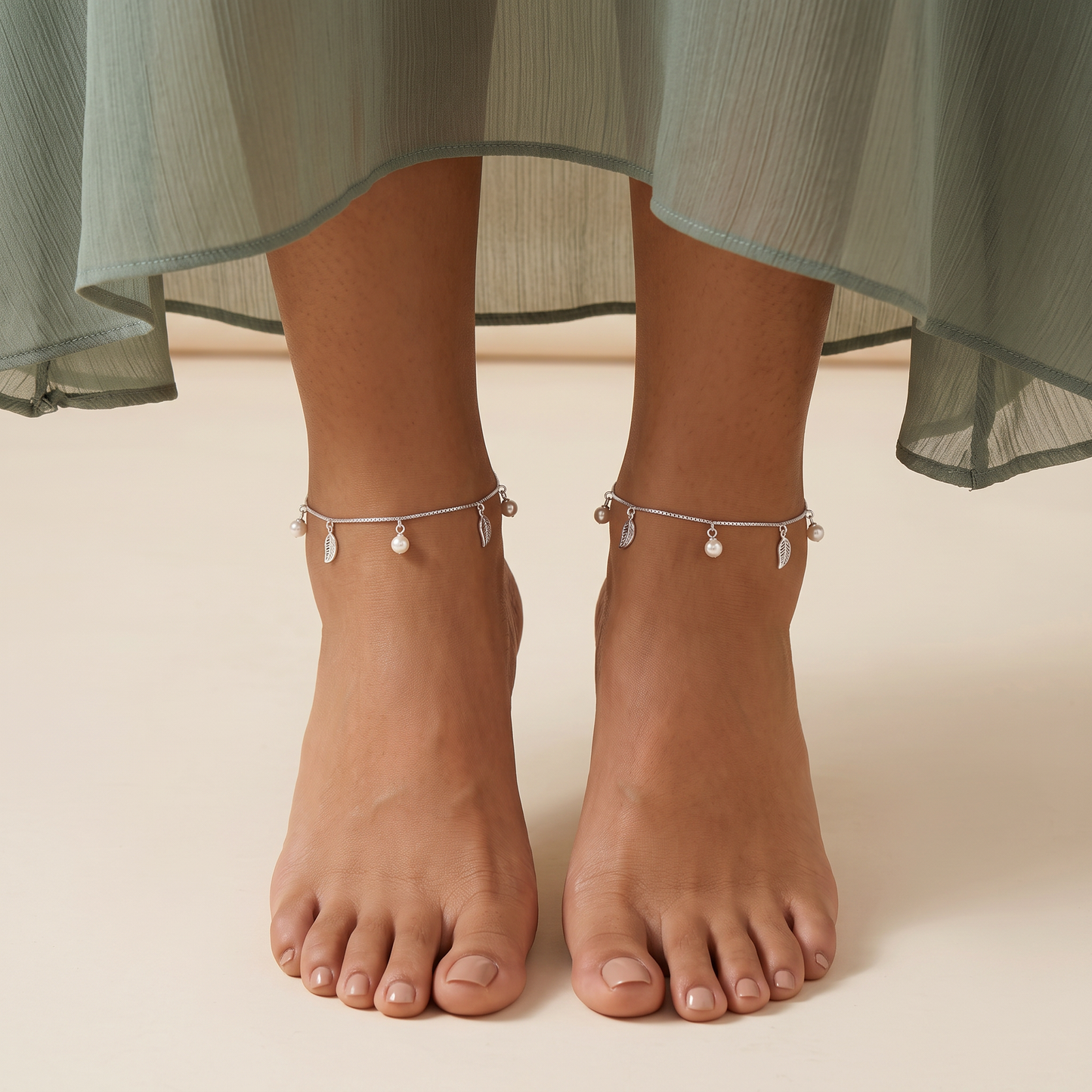 Pearl Leaf Charm Sterling Silver Anklet